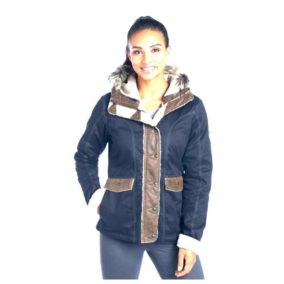 NWT Kuhl Arktik Waxed Jacket L Faux Fur Sherling Fleece Hooded Raven $349 Black - Picture 6 of 17